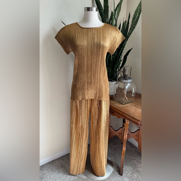 Vintage Jeanne Marc‎ Gold Pleated Matching Set Y2K Inspired Metallic XS/S - Picture 1 of 9